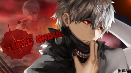 HD wallpaper featuring Ken Kaneki from Tokyo Ghoul, showcasing his iconic silver hair and red eyes, set against a dramatic background that captures the anime's intense atmosphere.