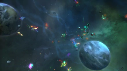 HD wallpaper featuring a vibrant Space Pirates and Zombies 2 scene with spaceships and cosmic battles amidst planets.