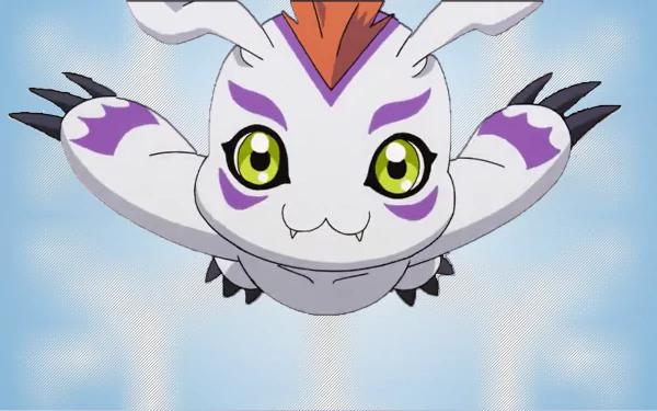 Anime HD PC desktop wallpaper from Digimon Adventure Tri.: a white, purple-marked catlike Digimon with bright green eyes and small horns diving toward the viewer against a soft blue sky background.