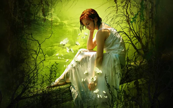 A fantasy-themed HD wallpaper featuring a lonely woman in a flowing white dress surrounded by butterflies and lush greenery, evoking a sense of tranquility and introspection.