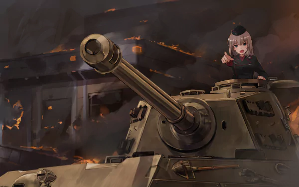HD anime desktop wallpaper featuring Erika Itsumi from Girls und Panzer standing in a tank against a dark, fiery battlefield background.