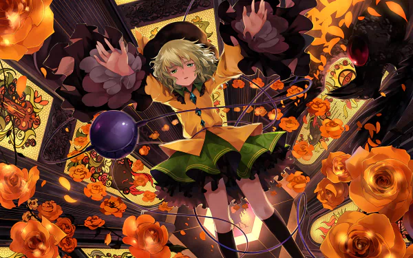 HD PC desktop wallpaper of Koishi Komeiji (Touhou anime): green-clad girl with hat and heart-orb, floating amid dark ornate patterns and swirling orange roses.