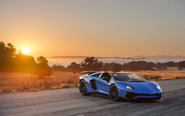 Blue Lamborghini Aventador SV supercar driving on a road at sunset, captured in a high-definition desktop wallpaper background.