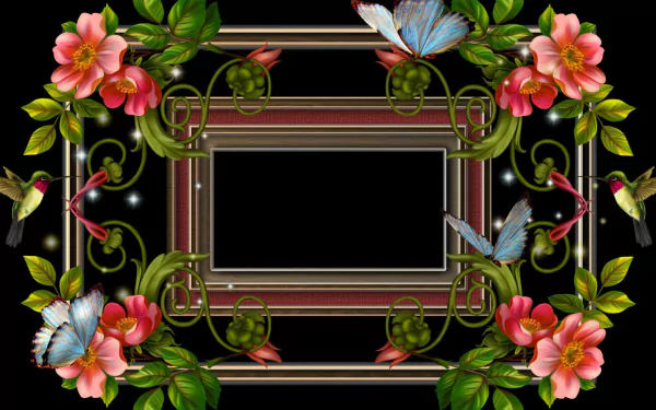 A vibrant HD desktop wallpaper featuring colorful birds and butterflies amidst blooming flowers, elegantly framed, capturing the essence of spring in an artistic design.