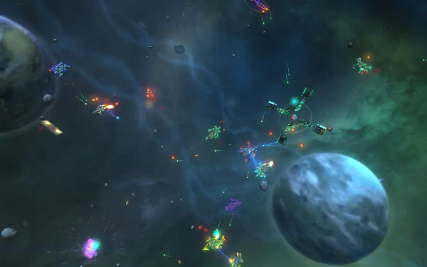 HD wallpaper featuring a vibrant Space Pirates and Zombies 2 scene with spaceships and cosmic battles amidst planets.