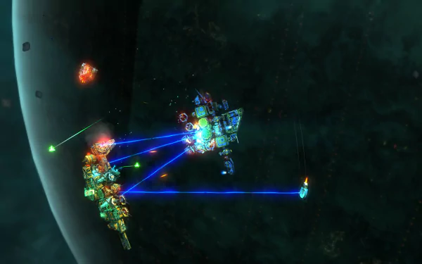 HD wallpaper of Space Pirates and Zombies 2 featuring vibrant spaceship combat near a planet's surface.
