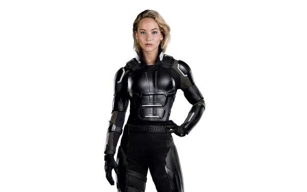 Raven Darkhölme, portrayed by Jennifer Lawrence as Mystique in X-Men: Apocalypse, stands confidently in a sleek black suit, showcasing her powerful presence in this HD wallpaper.