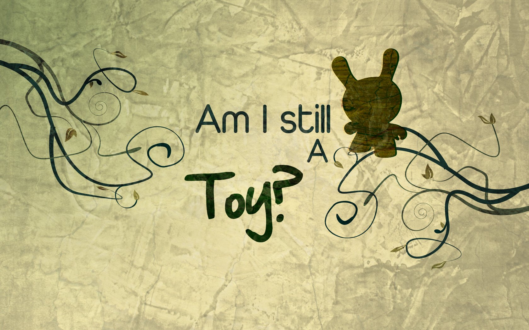 A whimsical HD desktop wallpaper featuring the phrase Am I still a Toy? alongside a playful silhouette and decorative vine elements, embodying a thoughtful and artistic statement.