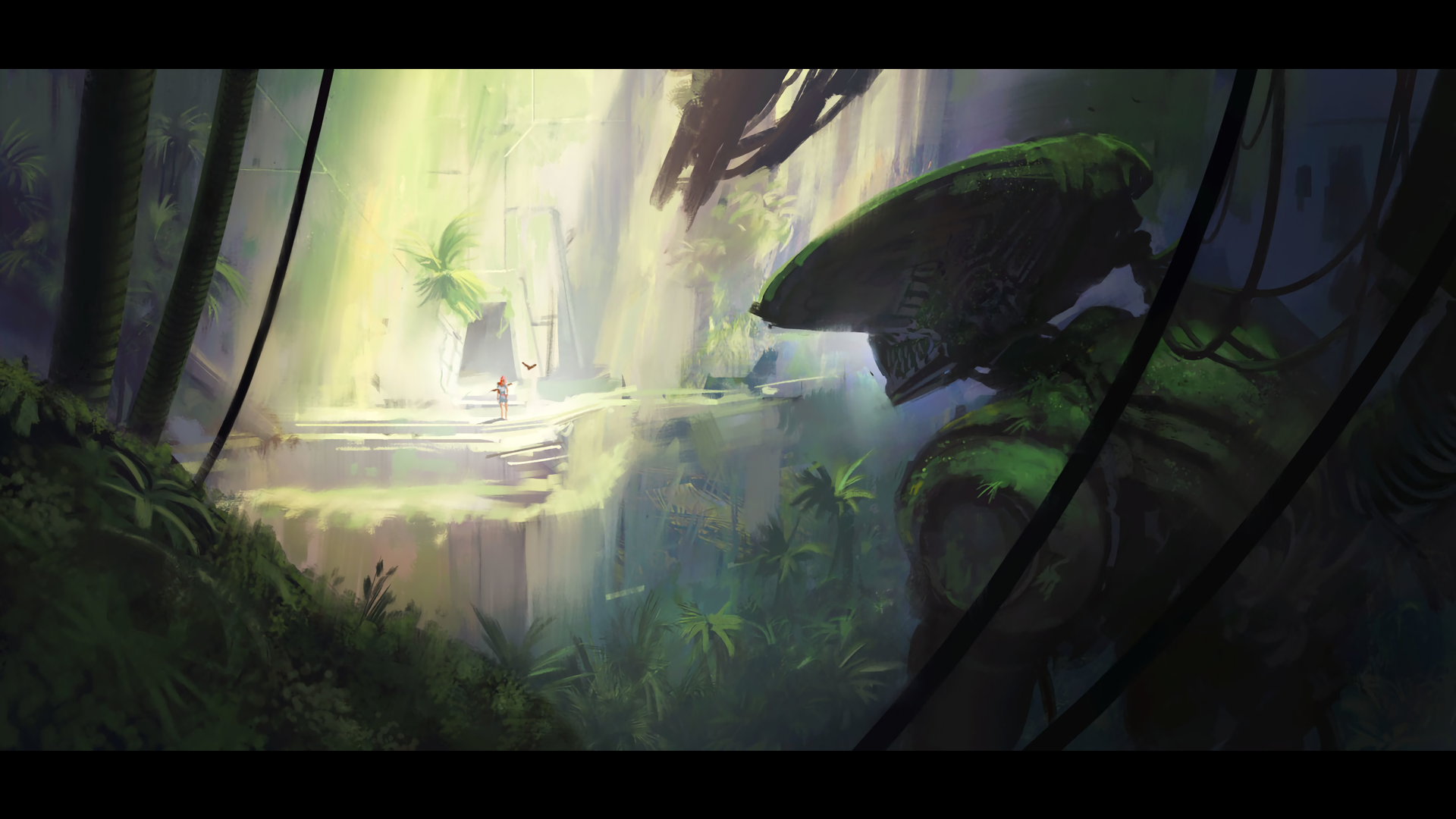 Fantasy-adventure HD PC desktop wallpaper and background: lone traveler approaches sunlit jungle ruins, mossy cliffs, glowing mist and floating rock platforms.