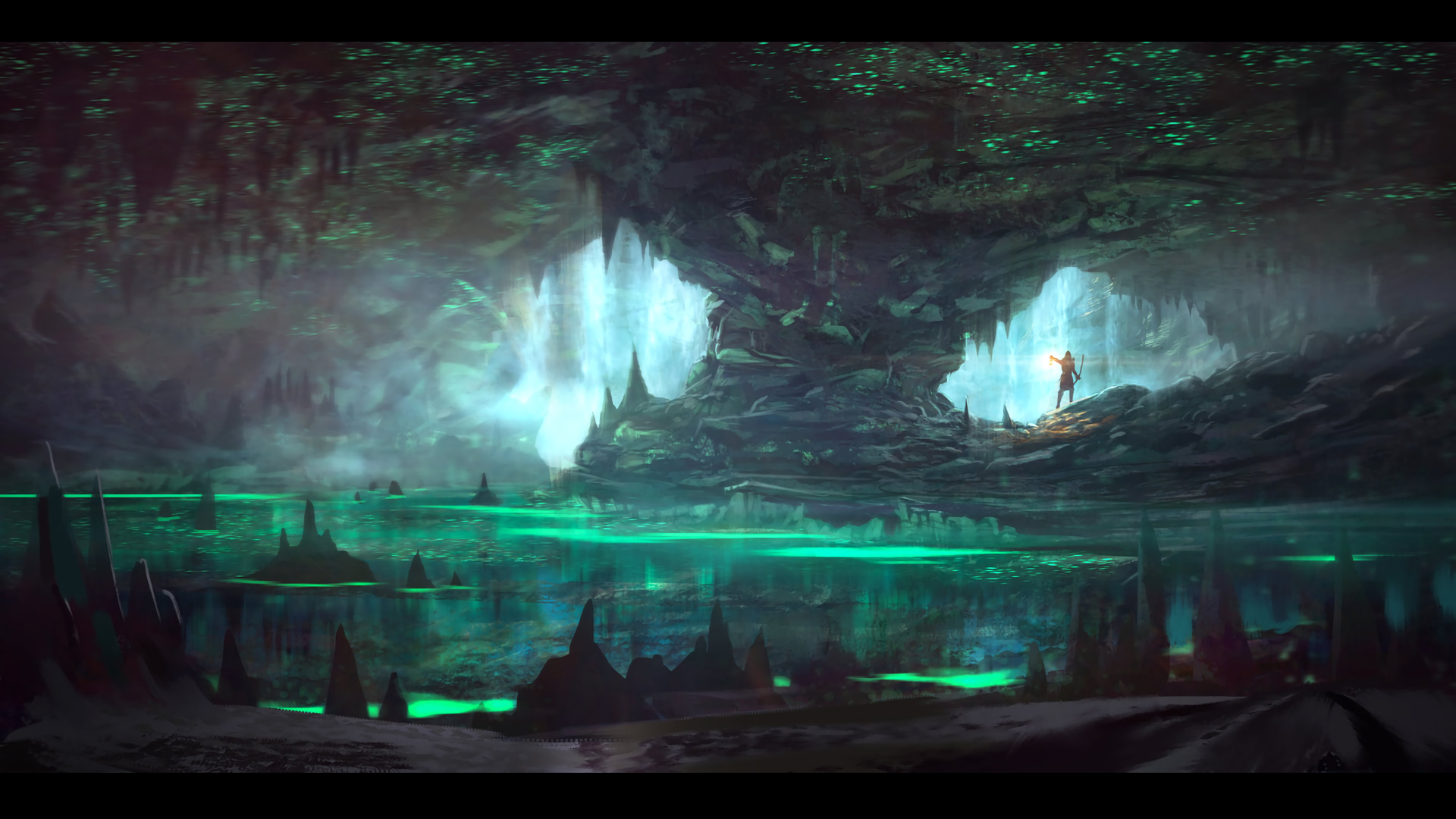 HD fantasy adventure desktop wallpaper depicting a glowing underground cavern with mystical teal waters and a lone adventurer exploring the vast, dark fantasy landscape.