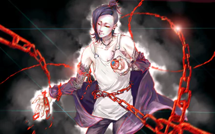 Uta from Tokyo Ghoul stands confidently, surrounded by dynamic red chains. This HD desktop wallpaper captures the essence of the anime's intense atmosphere.