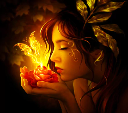 A fantasy-themed HD wallpaper depicting a woman gently holding a glowing rose, with a golden butterfly hovering above, radiating warmth and magical allure.