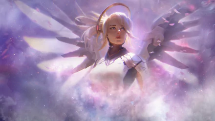 A stunning HD desktop wallpaper featuring Mercy from the video game Overwatch, depicted with ethereal wings and set against a dreamy, cosmic background.