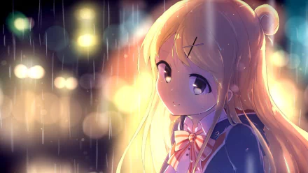 A serene HD wallpaper featuring Karen Kujou from Kin-iro Mosaic (KINMOZA!), with soft lighting and rain creating a dreamy atmosphere.