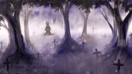 A mystical forest scene featuring Yuyuko Saigyouji from the anime Touhou, shrouded in fog and surrounded by crosses, creating an eerie yet enchanting atmosphere.