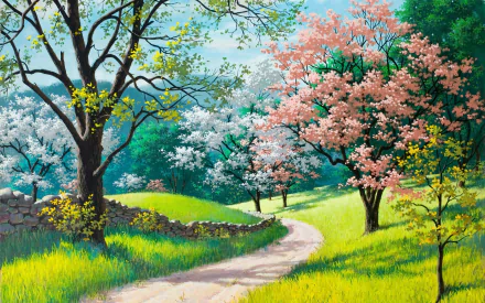 Artistic HD desktop wallpaper depicting a vibrant spring landscape with blooming trees and a winding path through green fields under a bright blue sky.