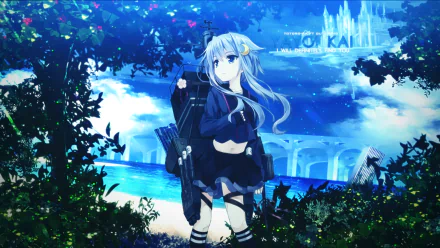 Anime wallpaper of Yayoi from Kantai Collection, featuring a serene background with blue skies and water, showcasing her in a dynamic pose with detailed attire.