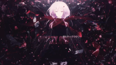A vibrant HD wallpaper featuring Inori Yuzuriha from the anime Guilty Crown, surrounded by a dynamic backdrop of shattered elements in deep reds and blacks.