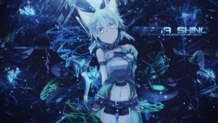 HD wallpaper featuring Shino Asada from Sword Art Online II, surrounded by a vibrant blue and dark geometric background, showcasing her character in an enchanting anime style.