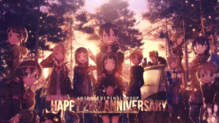 A vibrant HD wallpaper featuring characters from Sword Art Online II gathered in a forest, celebrating the group's anniversary amidst a breathtaking sunset backdrop.