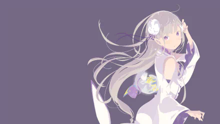 HD desktop wallpaper featuring Emilia from Re:Zero - Starting Life in Another World, with Pack in the background. The image showcases Emilia in an elegant pose against a minimalist purple backdrop.