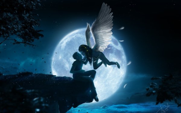 Fantasy Angel Kiss Night Moon HD Wallpaper | Background Image