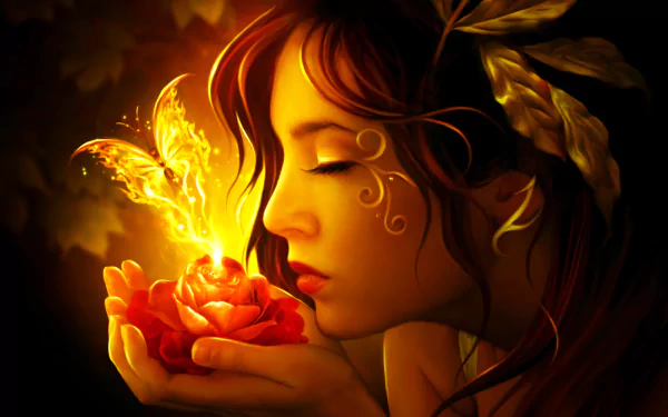 A fantasy-themed HD wallpaper depicting a woman gently holding a glowing rose, with a golden butterfly hovering above, radiating warmth and magical allure.