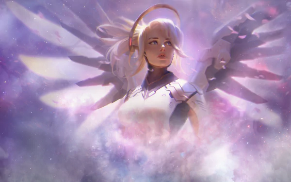 A stunning HD desktop wallpaper featuring Mercy from the video game Overwatch, depicted with ethereal wings and set against a dreamy, cosmic background.