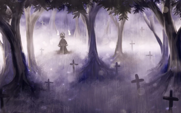 A mystical forest scene featuring Yuyuko Saigyouji from the anime Touhou, shrouded in fog and surrounded by crosses, creating an eerie yet enchanting atmosphere.