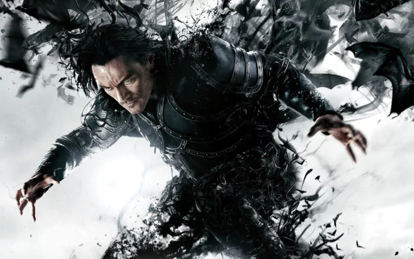 HD desktop wallpaper featuring a scene from the movie Dracula Untold, with a character in dark armor surrounded by bats and swirling shadows.