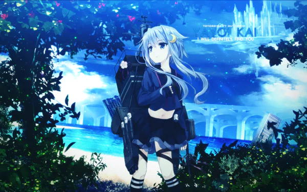 Anime wallpaper of Yayoi from Kantai Collection, featuring a serene background with blue skies and water, showcasing her in a dynamic pose with detailed attire.