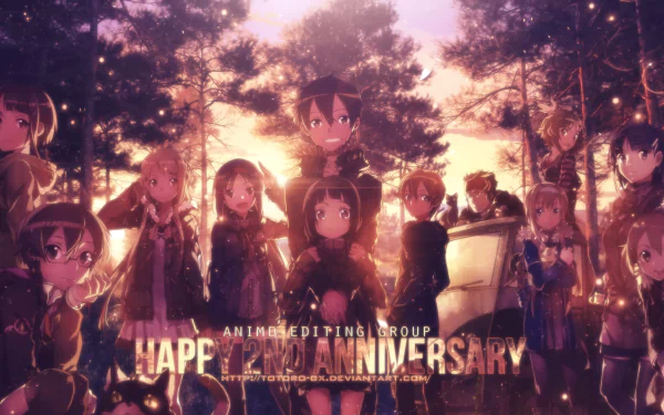 A vibrant HD wallpaper featuring characters from Sword Art Online II gathered in a forest, celebrating the group's anniversary amidst a breathtaking sunset backdrop.