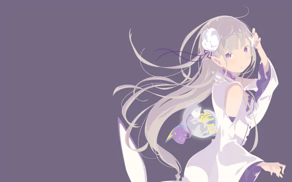 HD desktop wallpaper featuring Emilia from Re:Zero - Starting Life in Another World, with Pack in the background. The image showcases Emilia in an elegant pose against a minimalist purple backdrop.
