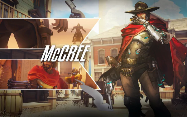HD PC desktop wallpaper featuring McCree from Overwatch, showcasing the character in a dynamic Western-themed setting with a bold, action-packed design.