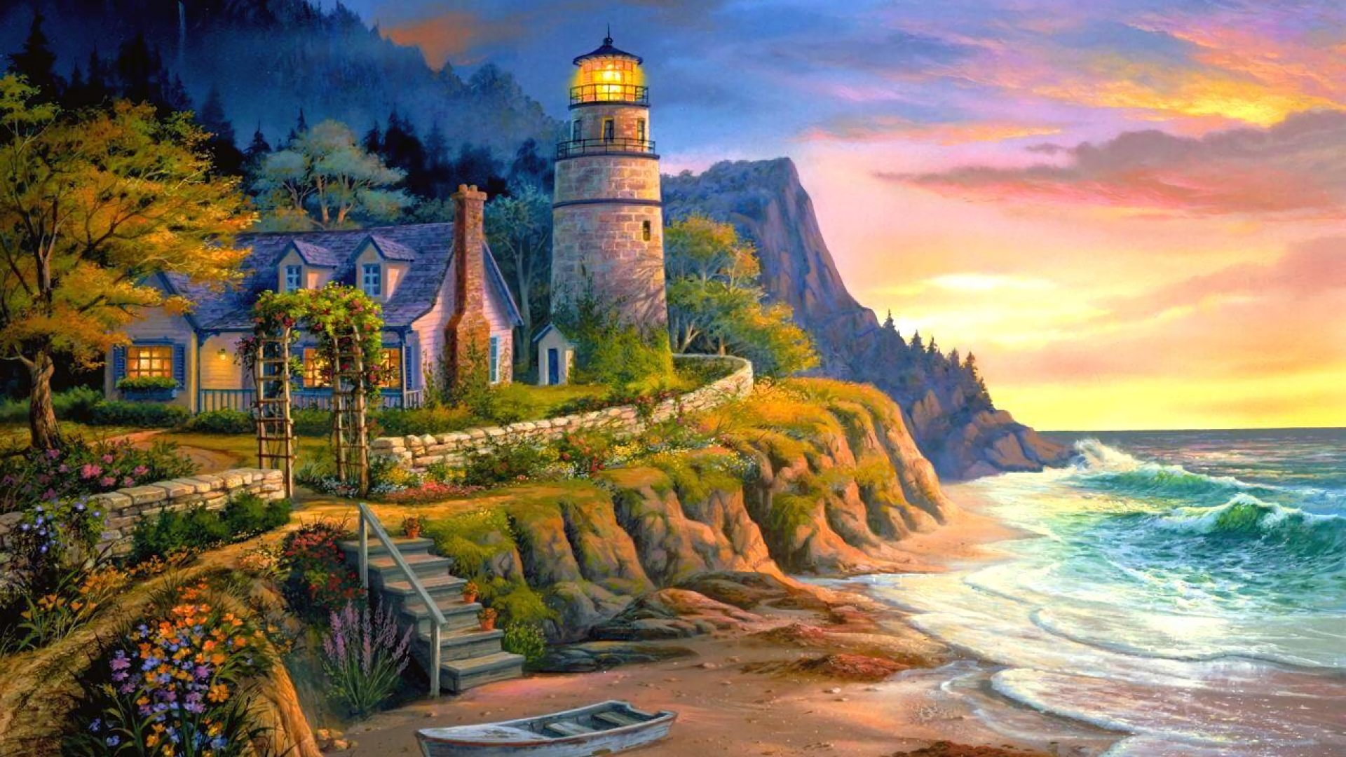 Download Colors House Sea Ocean Painting Man Made Lighthouse HD ...
