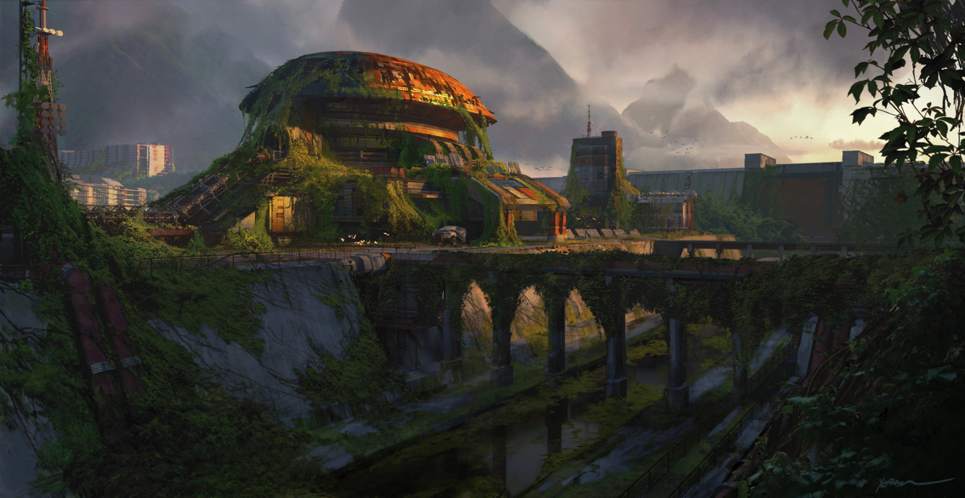 HD fantasy desktop wallpaper depicting ancient, moss-covered ruins with a dome-shaped structure beside a stone bridge under a cloudy sky.