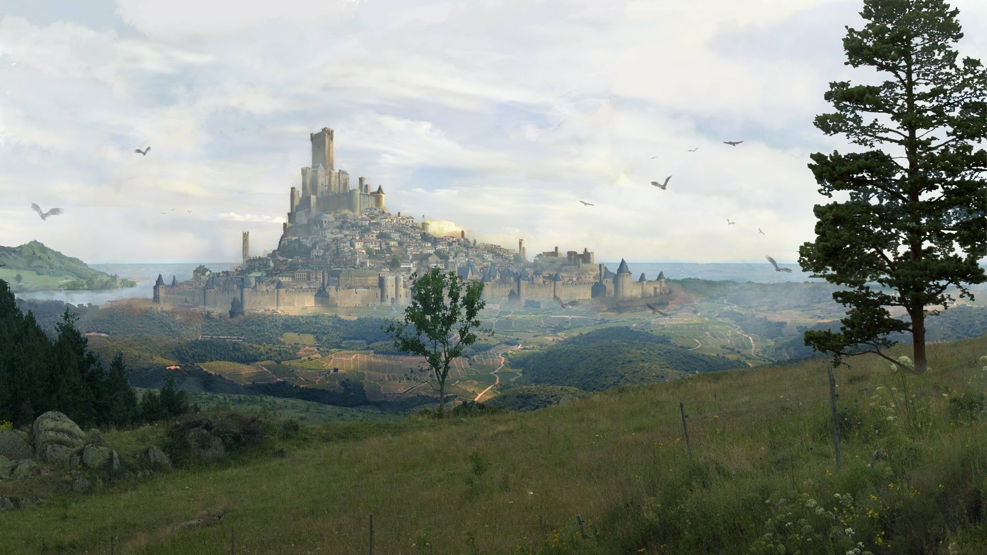 Fantasy landscape featuring a majestic castle atop a hill, surrounded by rolling green fields and distant mountains under a soft, cloudy sky. HD PC desktop wallpaper.