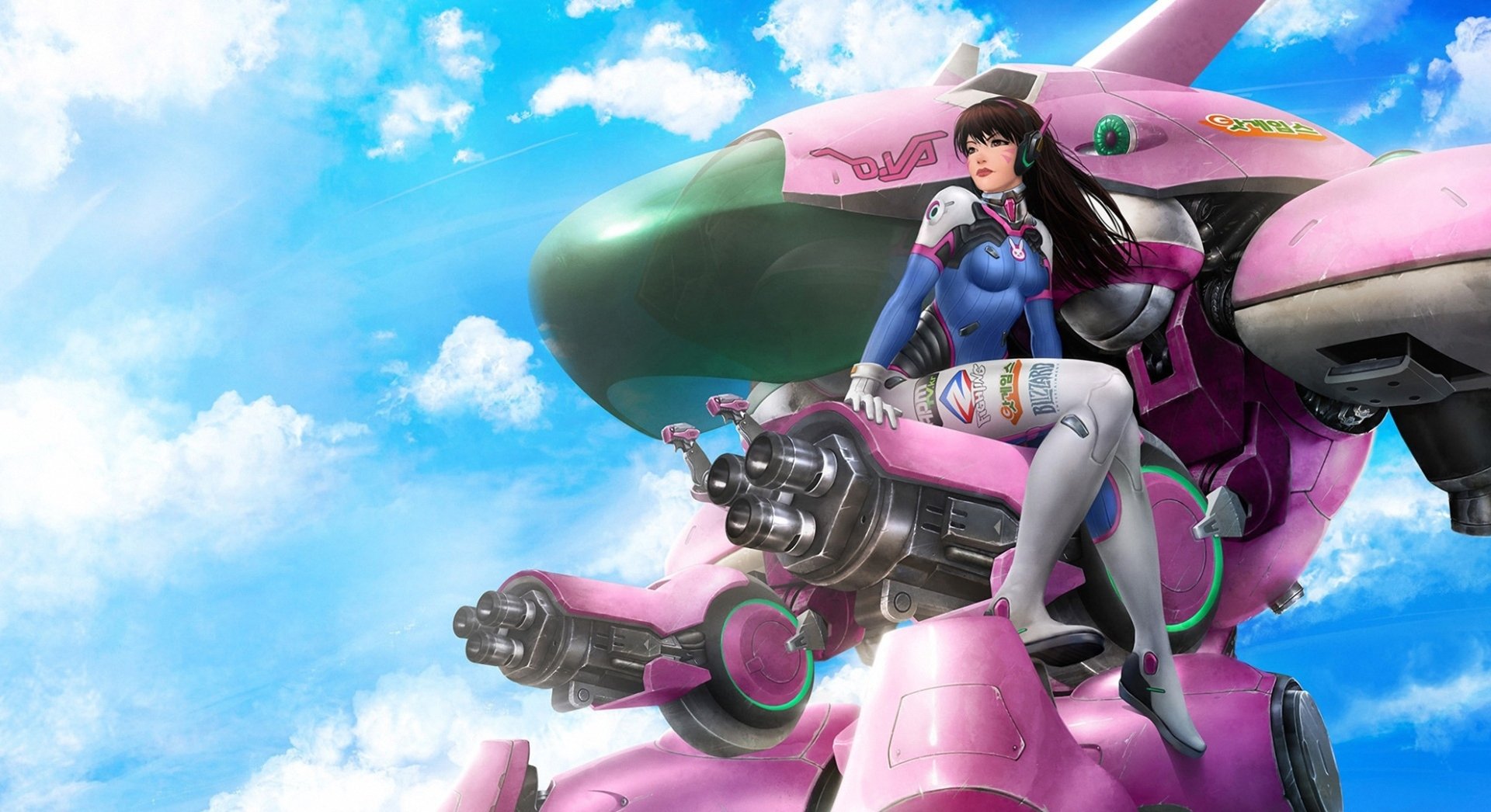 HD desktop wallpaper featuring D.Va from Overwatch, sitting confidently on her pink mech against a beautiful blue sky background.
