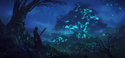 A silhouette holding a staff stands in a mystical forest at night, surrounded by glowing trees and an enchanting, starry atmosphere, creating a captivating fantasy scene.