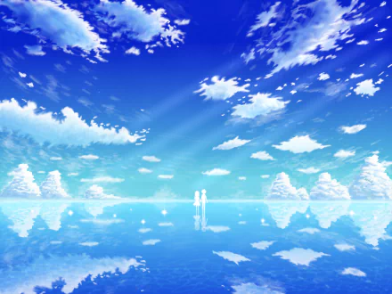 Anime-style HD desktop wallpaper featuring a serene sky with fluffy clouds reflected on a calm, mirror-like water surface, creating a peaceful original background scene.