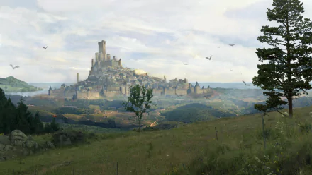 Fantasy landscape featuring a majestic castle atop a hill, surrounded by rolling green fields and distant mountains under a soft, cloudy sky. HD PC desktop wallpaper.