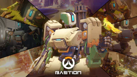 A dynamic HD wallpaper featuring Bastion from the video game Overwatch, showcasing the character against a colorful, multi-panel background relevant to the game.