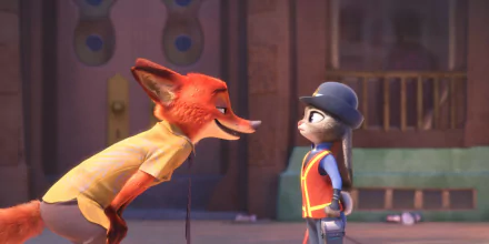 Nick Wilde and Judy Hopps from the movie Zootopia share a playful moment in this HD desktop wallpaper, showcasing their dynamic friendship against a vibrant background.