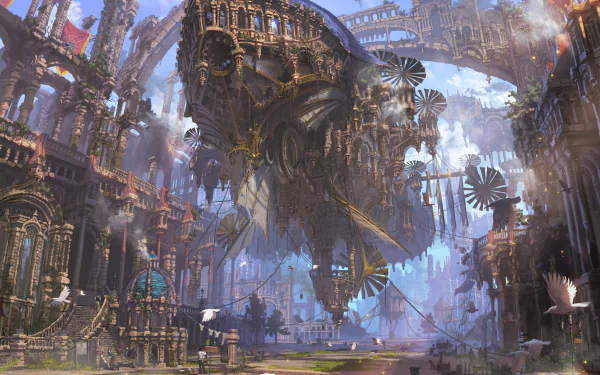 HD fantasy city wallpaper featuring intricate architecture, floating structures, and atmospheric lighting. The scene is filled with detail and vibrant colors, creating a captivating and otherworldly setting.