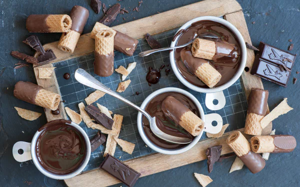 HD desktop wallpaper featuring a still life of chocolate spread, wafer cookies, and chocolate chunks arranged on a wooden board with spoons and scattered treats.
