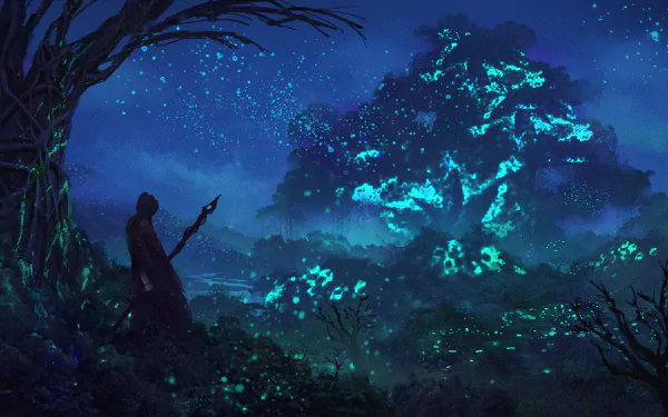 A silhouette holding a staff stands in a mystical forest at night, surrounded by glowing trees and an enchanting, starry atmosphere, creating a captivating fantasy scene.