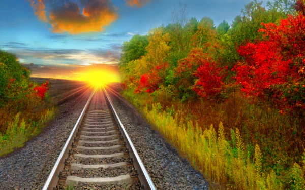 HD desktop wallpaper depicting a railroad track stretching towards a vibrant autumn sunset, surrounded by colorful fall trees and foliage.