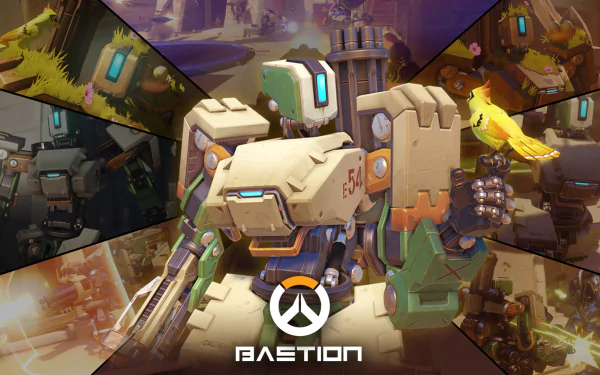 A dynamic HD wallpaper featuring Bastion from the video game Overwatch, showcasing the character against a colorful, multi-panel background relevant to the game.