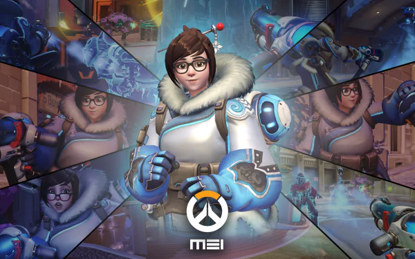An HD desktop wallpaper featuring Mei from Overwatch, showcasing her character in various action poses around the central image with the Overwatch logo prominently displayed.