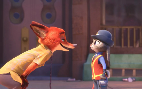 Nick Wilde and Judy Hopps from the movie Zootopia share a playful moment in this HD desktop wallpaper, showcasing their dynamic friendship against a vibrant background.